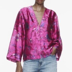 NWT Zara Women’s Blouse Jacquard Fuchsia Japanese Print Kimono Sleeve Shirt S